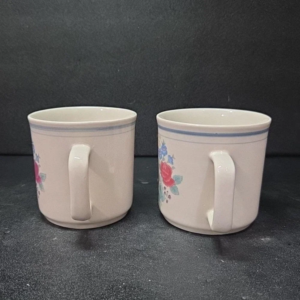 Gibson‎ Style Stoneware Coffee Cups, Purple Blue Rose Design Mugs, Set of 2, Vtg